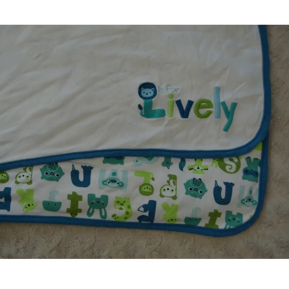Gymboree Lion L is for Lively Baby Blanket Blue White Green Alphabet Letter ABC